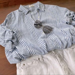 Linen Blue striped Shirt, Size Small
